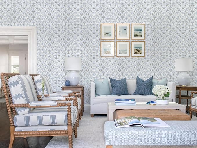 Dimoon Blue Peel and Stick Wallpaper Retro Floral Contact Paper Vintage Boho Cute Wallpaper Renter Friendly Removable Geometric Wall Paper for Bathroom Kitchen Textured Vinyl 17.3''x197'' - Image 5
