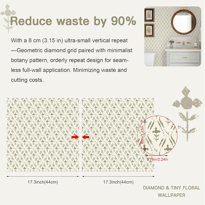 Heroad Peel and Stick Wallpaper Green Floral Contact Paper Farmhouse Rustic | Vintage Cottage Wall Paper,17.3''x78.7'',Waterproof Removable Self Adhesive Gingham Decor Vinyl for Bathroom,Bedroom,Kitchen - Image 2