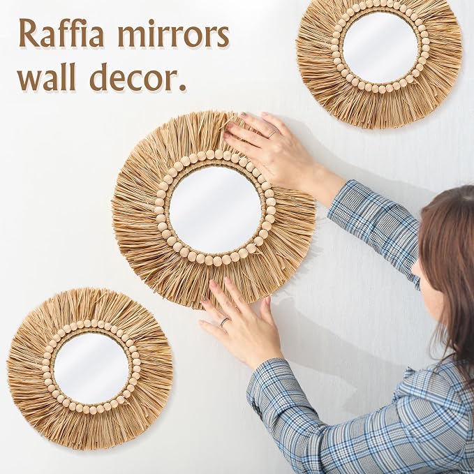 3 Pcs Boho Raffia Round Mirror Wall Hanging Decor with Wood Bead - Image 4