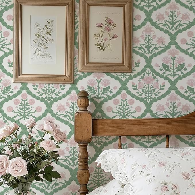 17.3" x 393.7" Floral Wallpaper Peel and Stick, Rattan Weaving Pink Wallpaper Farmhouse Wall Paper Morris Style Removable Self Adhesive Bathroom Bedroom Thicken - Image 3