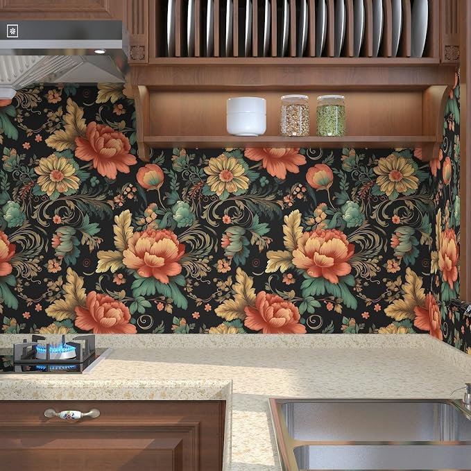 BOKEBEVE Floral Wallpaper Peel and Stick Vintage Black Orange 17.5 x 118In | Removable Self Adhesive Renter Friendly Boho Leaf Wall Paper for Bedroom Bathroom Living Room Feature Accent Wall - Image 2