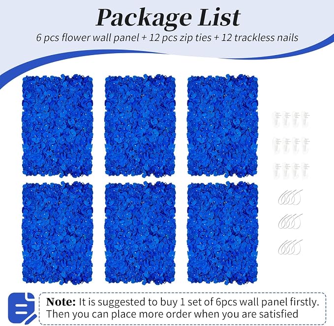 BLOSMON Royal Blue Flower Wall Panel Backdrops, 6 Pcs, 24 x 16 Inch | Hydrangea Artificial Flower Backdrops, for Wedding, Party, Bridal Shower, Hanging Faux Silk Floral Panels for DIY Decor - Image 6
