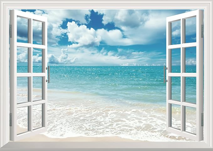 Fake Window Wall Mural White Beach (48"x32") | Peel and Stick Faux Window Wall Sticker Decal Poster for Bedroom Home Decor by LmyhomeMuralsWallpaper