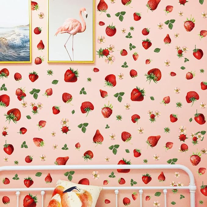 4 Sheets Removable New Strawberry Wall Decal Fresh Fruit Wall Decoration DIY Peel and Stick Wall Art Wallpaper for Bedroom Living Room Kid's Room Nursery Rental House Apartment Decoration by DRWSSR