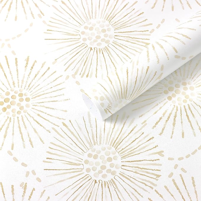 Boho Wallpaper Beige Wall Paper Peel and Stick Modern Beige and White Geometric Fireworks Contact Paper Renter Friendly Self-Adhesive Removable Bathroom Bedroom Laundry Room 17.3" × 197" by Fiula