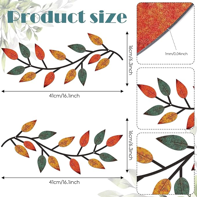 Zhengmy 2 Pcs Metal Leaf Wall Art Vine Branch Decor,Lively Colors | Olive Branch Metal Decor for Living Room Hallway, Symmetrical Leaf Pair for Doorway Entryway, Lightweight Hanging Art Design - Image 2