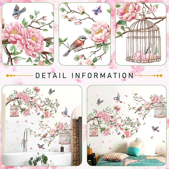 Removable Large Flowers with Tree Branches Wall Stickers – DIY Peony Floral Birds Wall Decals, Peel and Stick Leaves & Birdcage Wall Decor for Kids Girls Bedroom, Nursery, Living Room, Classroom - Image 3