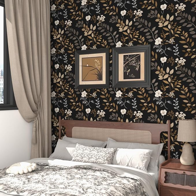 Laatse Floral Leaf Vintage Wallpaper Peel and Stick 17.5"x393", Black Gold | Self Adhesive/Removable/Waterproof/Thick Vinyl Contact Paper for Bathroom Bedroom Shelf Cabinet Drawer,Prepasted,Easy Peel - Image 5