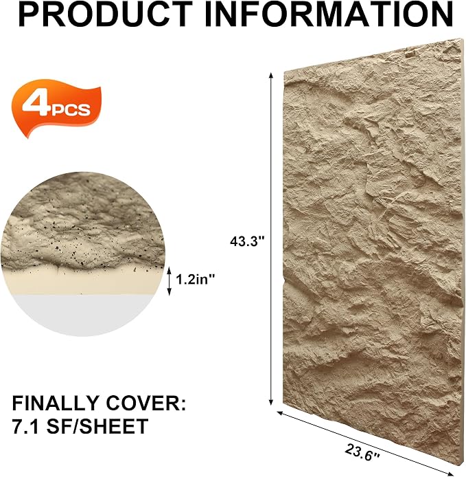 KASARO 3D Faux Stone PU Wall Panels, 4 Pack Stone Texture Golden Hemp | Thicker PU wainscoting panels with realistic stone texture for accent walls, home & office decor, easy install, 43.3" x 23.6" - Image 4
