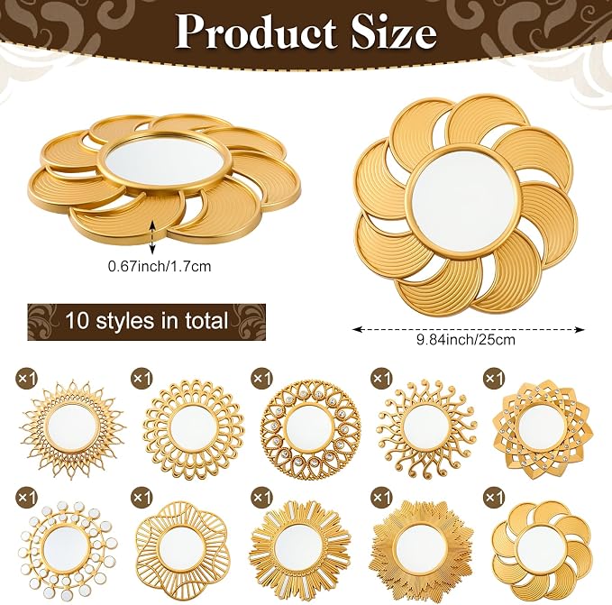 Barydat 10 Pcs Boho Gold Sun Mirrors for Wall Decor 10 Inches Plastic Decorative Wall Mirrors for Entryway Home Living Room (Modern) - Image 2
