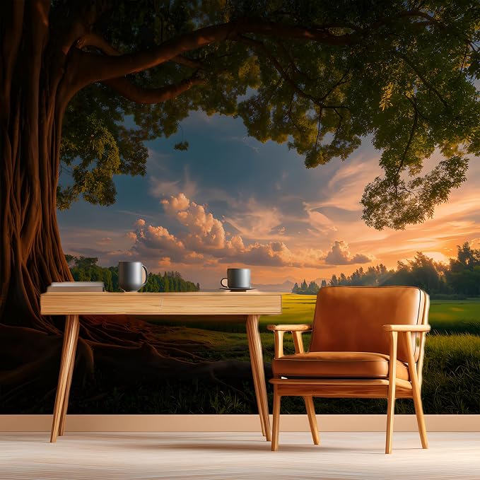 ASJ Forest Peel and Stick Wallpaper Mural, Ancient Tree Sunlit Landscape | Sunlit forest tree meadow scene, seamless match, easy DIY, premium fabric, removable, 157x98 in, bedroom living room decor - Image 4