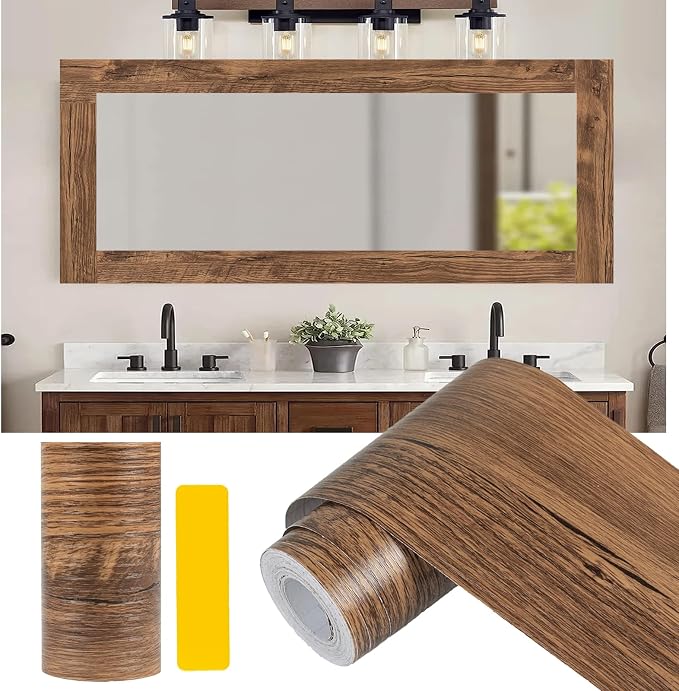 Alened 10M Brown Mirror Border Peel and Stick, Wood Grain Wallpaper Border by Alened