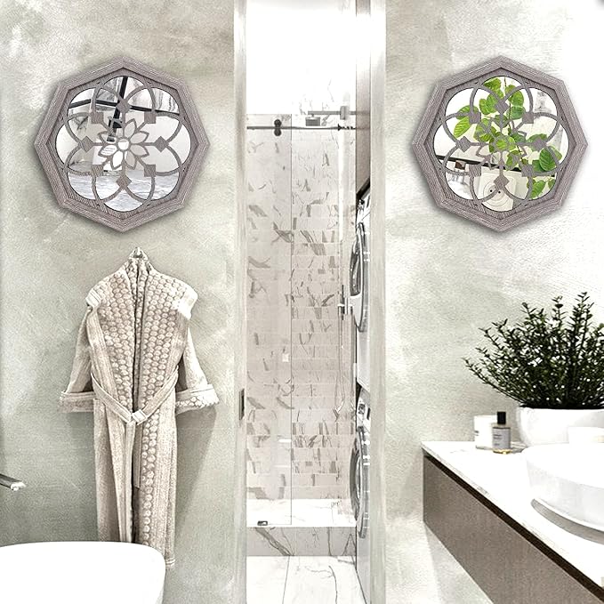 ZOLAPI 2 PCS Octagon Wall-Mounted Mirrors,Vintage Farmhouse Mirror for Wall Decor,Barn Wood Color Decorative Accent Mirror for Foyer, Bathroom, Bedroom. (12”x12”) - Image 2