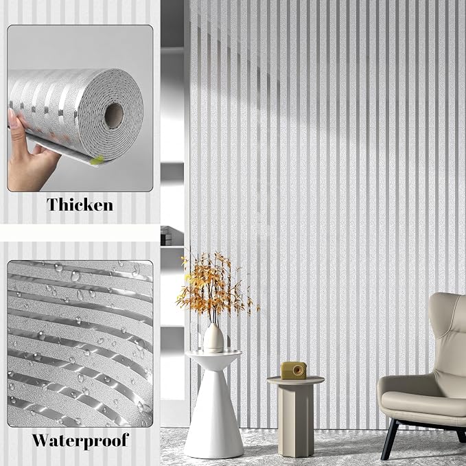 2mm Thick Peel and Stick Wallpaper Mirror Stripe Texture Vinyl Wall Panels | 23.62" x 110.24" Silver Self Adhesive Waterproof Renter Friendly Wall Paper Roll for Foyer Coffee Shop Decor - Image 8