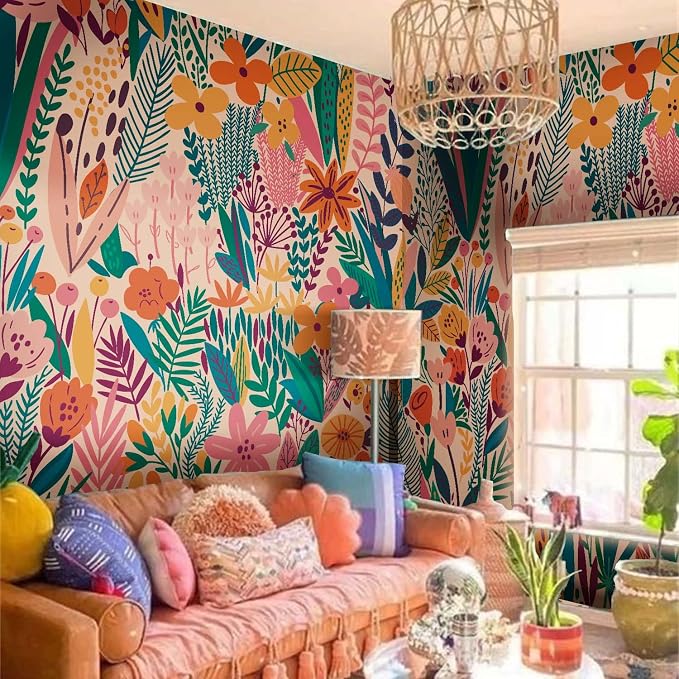 Colorful Floral Peel and Stick Wall Mural for Bedroom | 92"x125", Large Urban Funky Wallpaper, Removable Leather Textured & Water-Resistant, Hallway Old Wall Makeover - Image 8