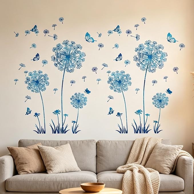 Arawat 2 Set Dandelion Wall Decals - Blue Flower Stickers, Murals, Butterflies Decor for Bedroom, Office, Bathroom, Living Room - Floral Removable Peel and Stick Room Decoration by ARAWAT