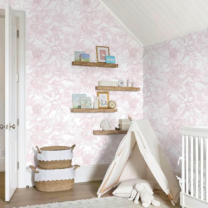 Ismoon Large Floral Peel and Stick Wallpaper Boho White/Pink Contact Paper 17.3inx32.7ft Removable Self Adhesive Bedroom Cabinet Mural Wall Decor Vinyl Roll - Image 8