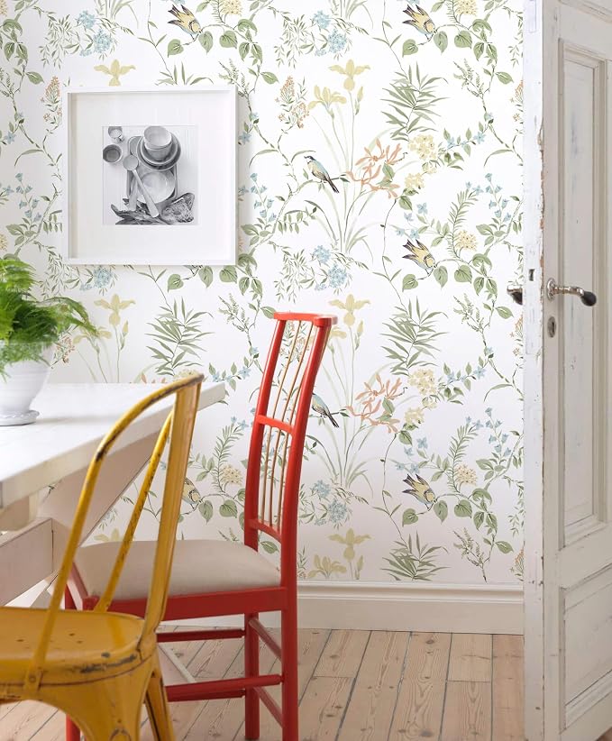 Erfoni Boho Floral Peel and Stick Wallpaper Green Floral Birds Wallpaper | 16.9" x197" DIY Self Adhesive Wallpaper Removable Wallpaper for Accent Wall Decor Modern Flower Leaf Contact Paper Vinyl Roll - Image 4