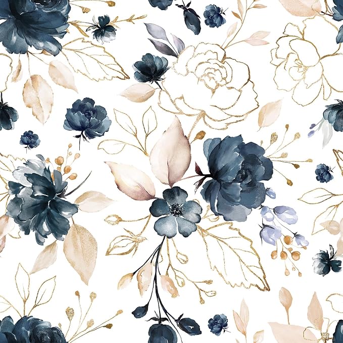 Navy Blue Floral Peel and Stick Wallpaper 17.7"x78.8" | Removable thick vinyl, watercolor botanical design, laundry room, bedroom, bathroom, renter friendly accent walls by BKStickWallpaper