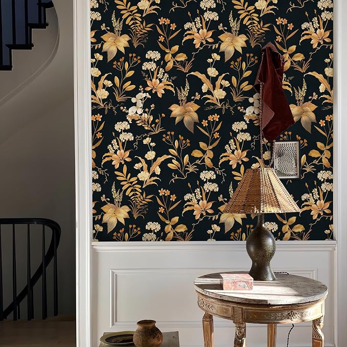 Simon&Siff Vintage Floral Peel and Stick Wallpaper 17.3" x 120" | Black Gold Botanical Contact Paper, Removable Wall Paper, Renter Friendly, for Cabinets, Furniture, DIY Decor - Image 4