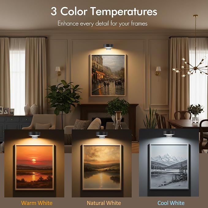 Picture Lights for Wall, Rechargeable Battery Wireless Poster Lights, Black | LED Magnetic Painting Light with Remote Dimmable, Timer＆3 Lighting Modes, Art Display Puck Light for Frame Portrait, 3 Pack - Image 2