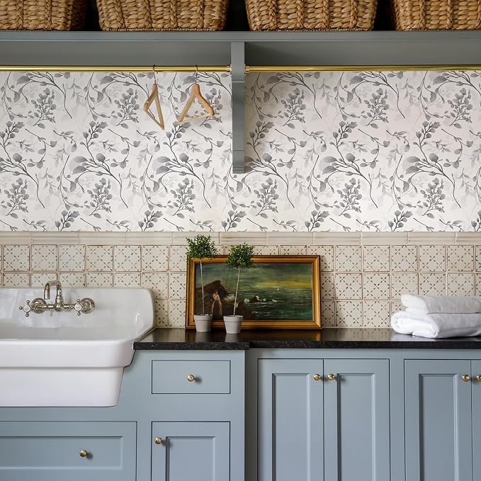 Orainege Gray Floral Peel and Stick Wallpaper Floral Contact Paper | 17.7 in ×590.5 in Peel and Stick Wall Paper for Bathroom Removable Wallpaper Self Adhesive Waterproof - Image 6