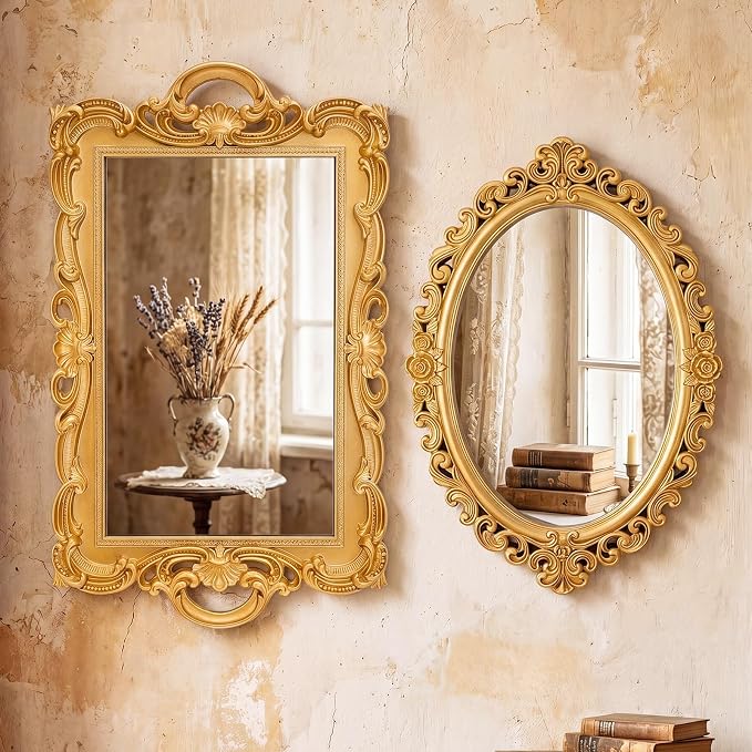 Beeveer 2 Style Vintage Mirrors Set Decorative Oval Wall Mirror Small Antique Mirrored Tray Decorative Hanging Mirror for Bathroom Bedroom Jewelry Organizer Victorian Decor (Square,Gold) by Beeveer