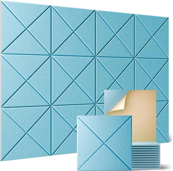 Sonicism 12 Pack X-Lined Acoustic Panels with Self-Adhesive, 12"X 12"X 0.4" Sound Proof Foam Panels, Decorative Soundproof Wall Panels, Sound Absorbing Tile for Home & Offices, Light Blue by Sonicism