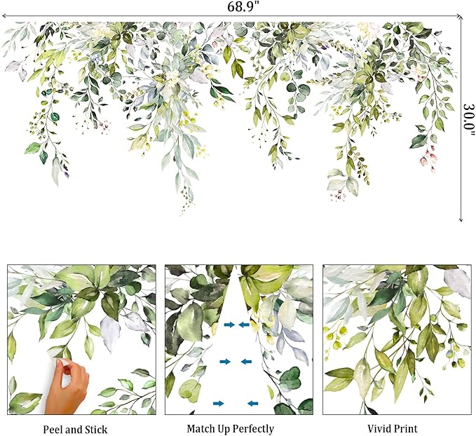 Green Plants Leaves Wall Decals Peel and Stick, Large Floral Flowers Wall Stickers, Removable Vine Home Decor Art for Bedroom Living Room Classroom Office - Image 2