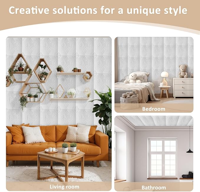 Nuanchu 40 Pcs 13.8 x 13.8 Inch Ceiling Tiles Peel and Stick, Retro | Foam White 3D Wall Panels 26-105.5 Sq. ft Adhesive Glue up Waterproof Wallpaper for DIY Office Home - Image 5