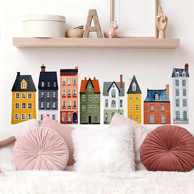 Watercolor Towns Village Wall Decal, Peel and Stick Nursery Mural Wall Stickers for Kids, Boys and Girls Room, Bedroom & Toddler Room Decor - Image 4