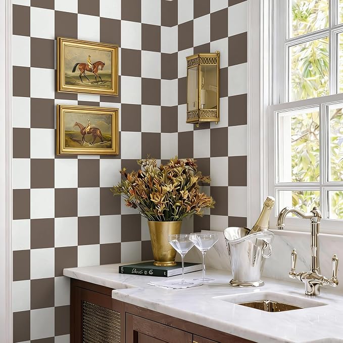 Ismoon Plaid Peel and Stick Wallpaper Vintage Brown Contact Paper 17.3"x78.7" Neutral Mosaic Checkered Wallpaper Stick on Removable Wall Paper for Cabeints Bedroom Kitchen Renter Friendly Vinyl - Image 4