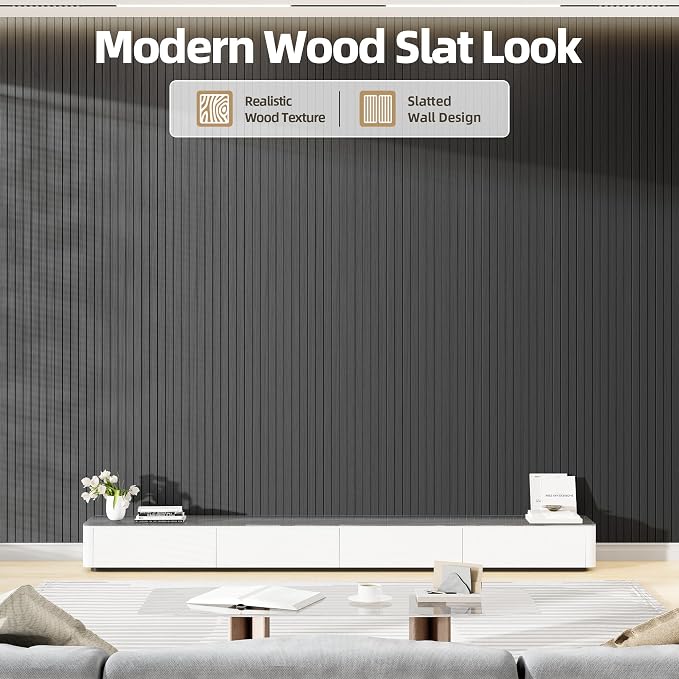 Peel and Stick Wood Slat Wall Panels 3D PVC Faux Black Wood Grain Wallpaper | 15.75"x236" Soundproof Wall Panels with Self Adhesive, Wall Coverning for Accent Walls Ceiling Bedroom Bathroom Kitchen Decor - Image 2