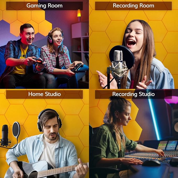 12 Pack Hexagon Acoustic Panels, TONOR 12"x 10"x 04" High Density Sound Proof Panels for Walls, Sound Dampening Insulation Treatment Foam Panel, Sound Absorbing Padding for Studio, Office, Home Yellow - Image 6