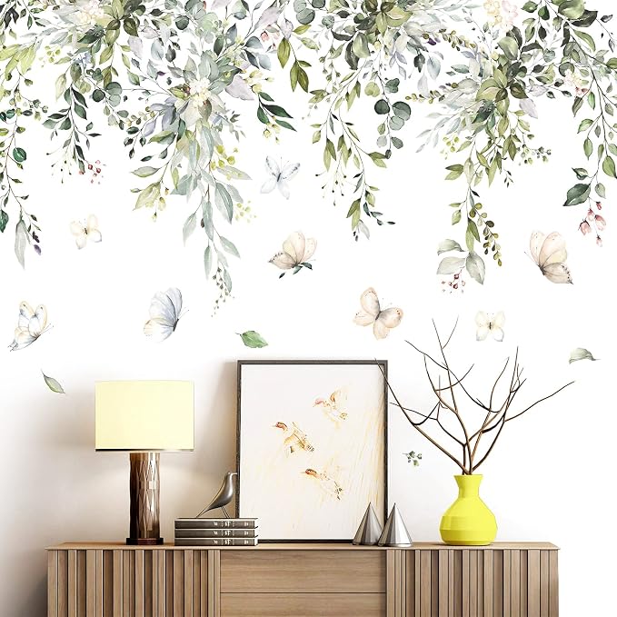 Hanging Green Leaves Wall Decals Elegant Plants Wall Stickers DIY Vinyl Peel and Stick Butterfly and Leaf Wall Art Murals for Kids Girls Bedroom Living Room Offices Nursery Closet Ceiling Vertex Line (B) - Image 5