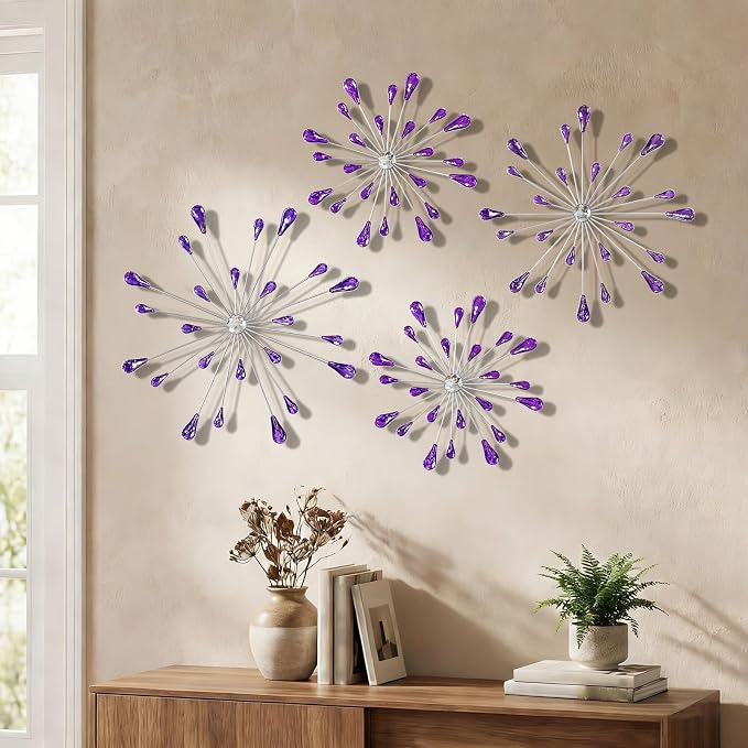 ZEXUIRU 4 Set Silver Starburst Wall Art for Home Decor Metal Bling Crystal Rhinestones Sunburst Wall Decor Sparkling Rhinestone Art Accent -Purple 13in/11.8in/9.8in/9.8in by ZEXUIRU