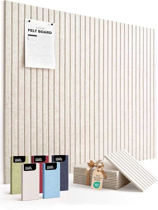 VIVELDA Large Felt Bulletin Board 48 x 36 Inch - 12-Pack Square Acoustic Wall Panels, Cork Board Alternative, NRC 0.95, Damage-Free Adhesive, Slatted Design for Home, Classroom (Limestone) by VIVELDA%C2%AE