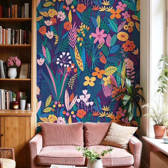 Moody Blue Botanical Peel and Stick Wall Mural for Accent Wall | Dark Background Floral Wallpaper, Removable Leather Textured & Water-Resistant, Bedroom Small Apartment, 46"x98" by Flortlias
