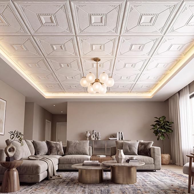 Nuanchu 40 Pcs 13.8 x 13.8 Inch Ceiling Tiles Peel and Stick, Modern | Foam White 3D Wall Panels 26-105.5 Sq. ft Adhesive Glue up Waterproof Wallpaper for DIY Office Home - Image 6