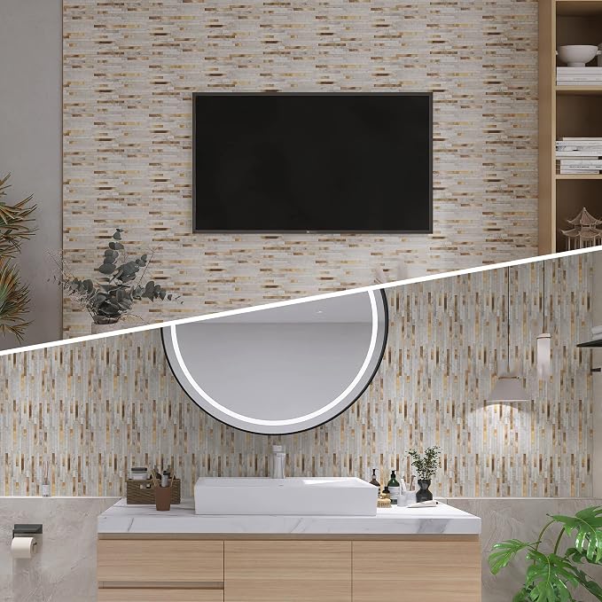 KASARO Peel and Stick Marble Tiles, Self-Adhesive Aluminum Wall Tile Stick on Bathroom, Fireplace, RV, Marble Beige with Vintage Golden Embellished Stripes, 10-Sheet - Image 2