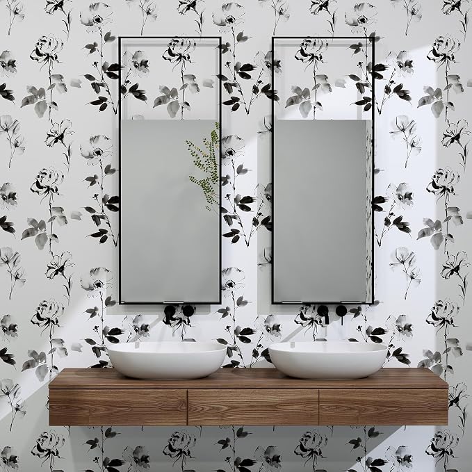 Hopepak Floral Wallpaper Peel and Stick Black and White Flower Peel and Stick Wall Paper Modern Contact Paper Removable Self Adhesive Wallpaper for Bathroom Bedroom Cabinet Decor Vinyl 17.3"×197" - Image 4
