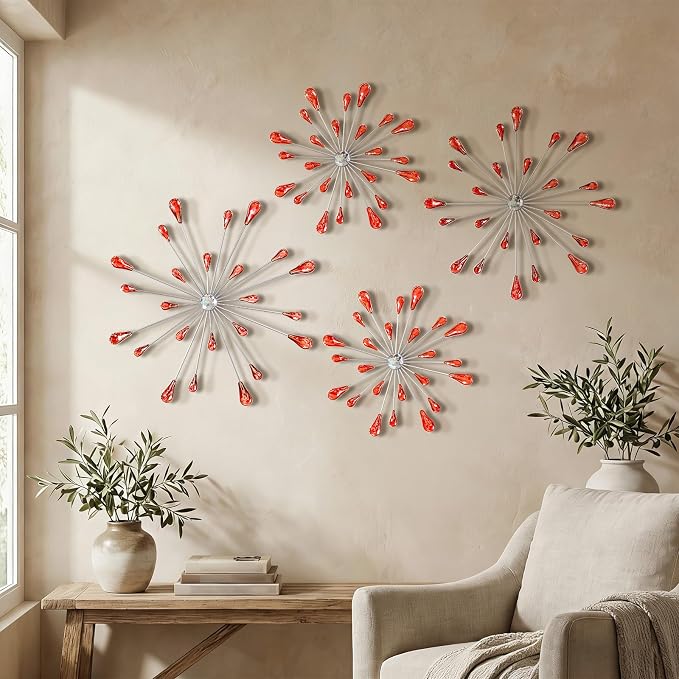 ZEXUIRU 4 Set Silver Starburst Wall Art for Home Decor Metal Bling Crystal Rhinestones Sunburst Wall Decor Sparkling Rhinestone Art Accent -Red 13in/11.8in/9.8in/9.8in by ZEXUIRU