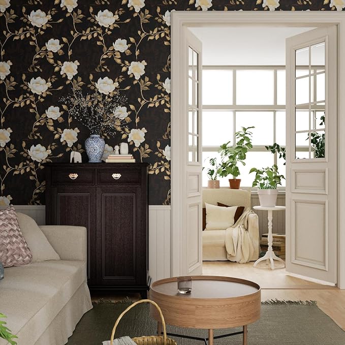 Laatse Vintage Dark Black Golden Floral Wallpaper Peel and Stick 17.5"x197" | Self Adhesive/Removable/Waterproof/Thick Vinyl Contact Paper for Bathroom Bedroom Shelf Cabinet Drawer,Prepasted,Easy Peel - Image 2