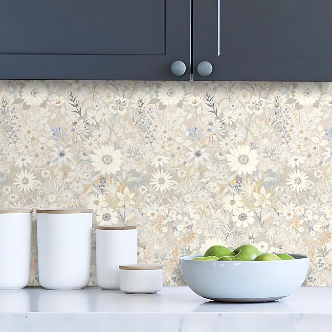 Gray Floral Wallpaper Peel and Stick for Bedroom,Cabinets 17.3" x 393.7" | Textured Vinyl Stick on Wall paper DIY Self Adhesive Removable Waterproof Gray/Yellow/Blue Contact Paper for Kitchen Bathroom - Image 4