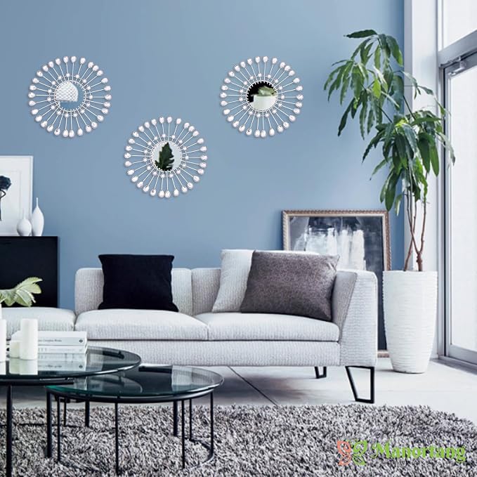Silver Mirrors 3 Pce, 9 inchSunburst Indoor Mirror Hanging Wall Decorate - Image 7