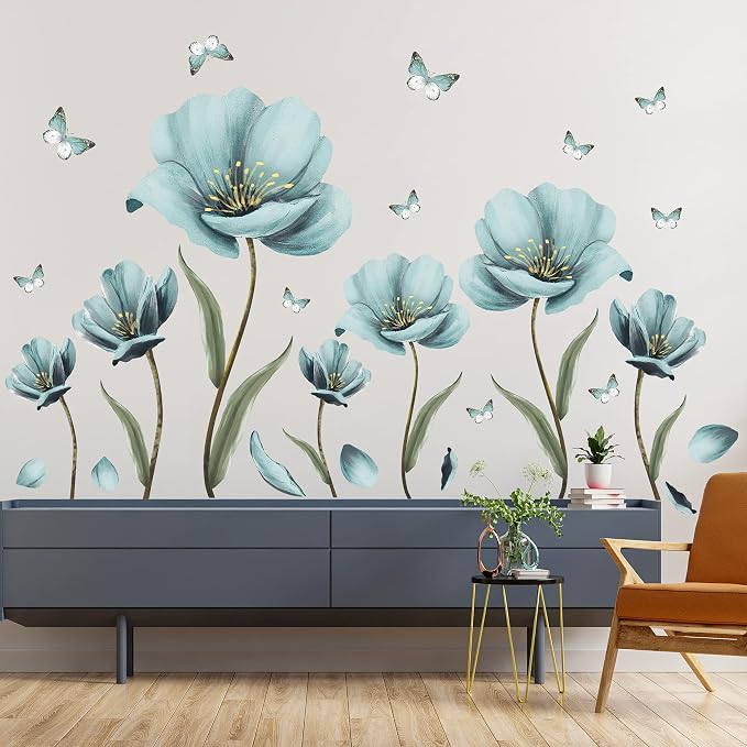 8 Sheets Creative Blue Flowers Wall Decal DIY Removable Painted Butterflies Wall Sticker Romantic Painting Art Mural Vinyl Peel and Stick for Home Living Room Bedroom Office Bathroom Wall Decoration - Image 4
