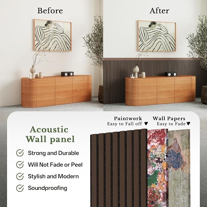 MISSDAY Wood Slat Acoustic Wall Panels, 4 Packs 94.5" x 12.6" Dark Walnut Soundproof Panel For Interior Wall Decor Noise Absorbing-3D Textured Wooden Panel Sound-Absorbing for Home, Office, Studio - Image 4