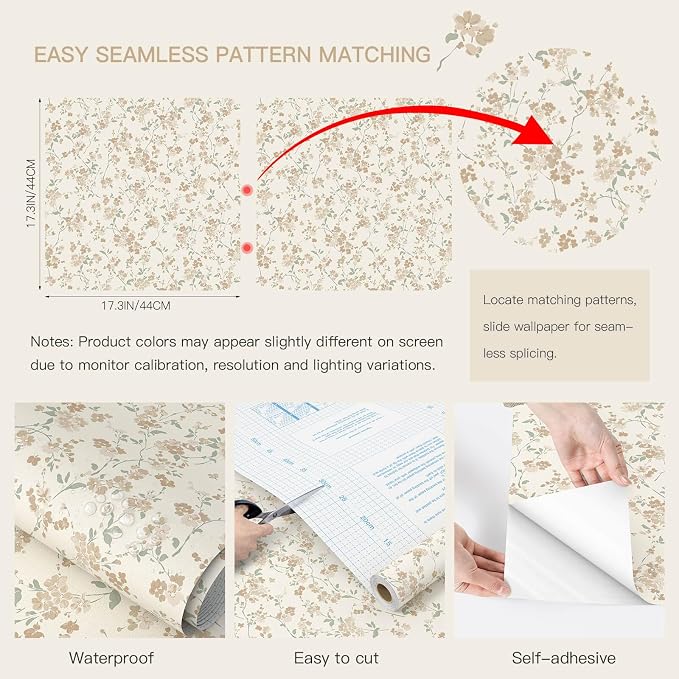 Peel and Stick Wallpaper for Nursery Brown Cherry Blossom Waterproof | 197"×17.3" Latte Brown Floral Vintage Wallpaper Gentle Accent Wall Decor with Grid Lines for Bedroom Vinyl Self-adhesive - Image 9