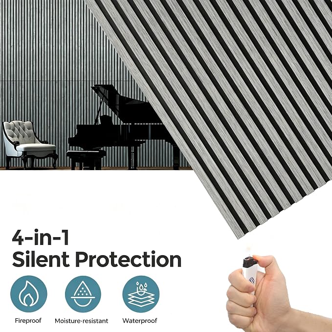 AKUMAX Wood Slat Acoustic Wall Panels, 2 Pack 24 x 48 in Each, 15.5 ft², NRC 0.80 Sound Absorbing 3D Slat Wall Paneling with Real Wood Veneer, E0 MDF and PET Felt, Gray Oak - Image 5