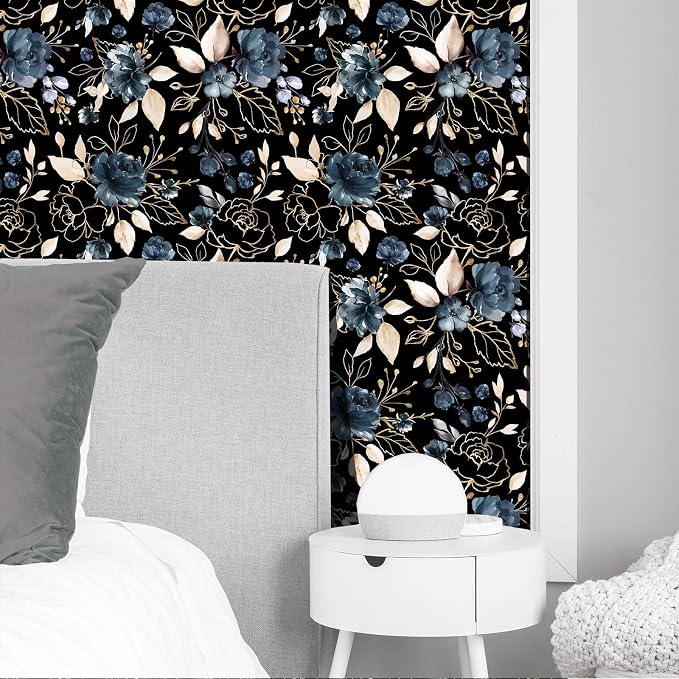 Black Gold Floral Peel and Stick Wallpaper 17.7"x118" | Removable thick vinyl, dark botanical design with navy blue flowers, bedroom, bathroom, renter friendly accent walls - Image 3